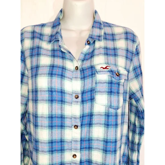 Hollister women's Blue White Plaid Button Down Shirt M y2k grunge farmer cowgirl - Picture 3 of 5